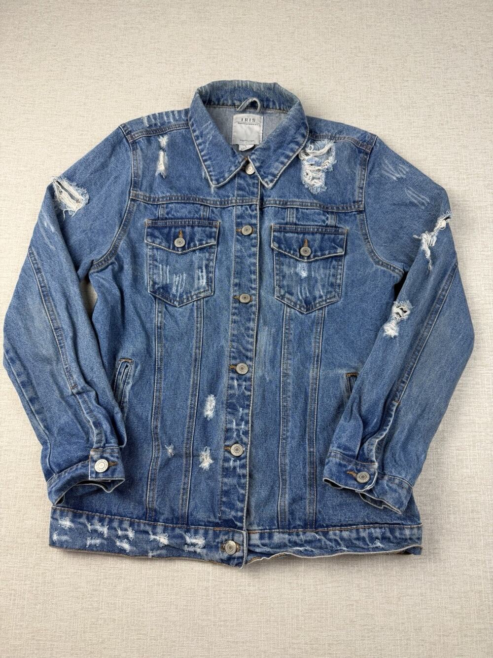 IRIS Women’s Distressed Denim Jacket Large Blue Trucker Jean Coat Cotton